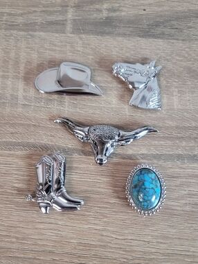 Vintage Western Silver-Tone Hat, Horse, Bull, Boots and Turquoise Button Covers